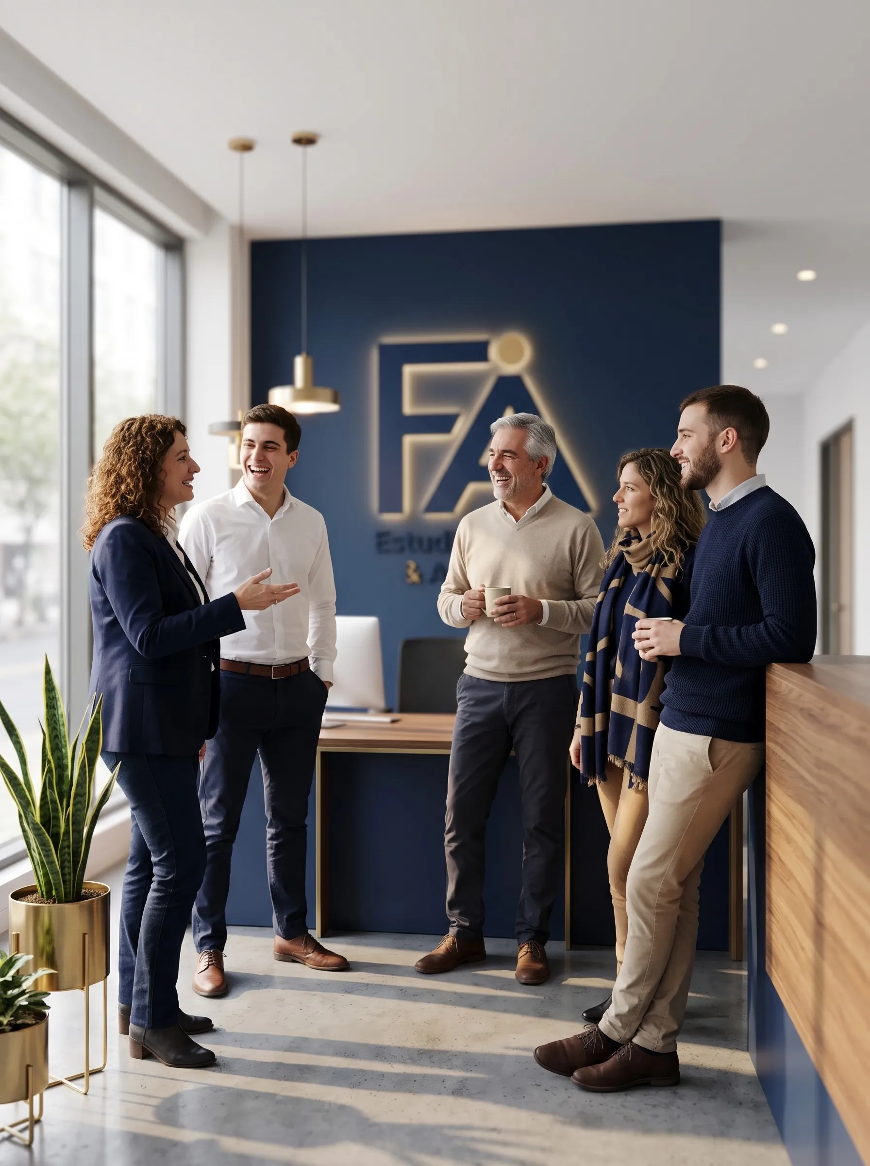 El equipo del estudio conversando y riendo en la recepción de la oficina