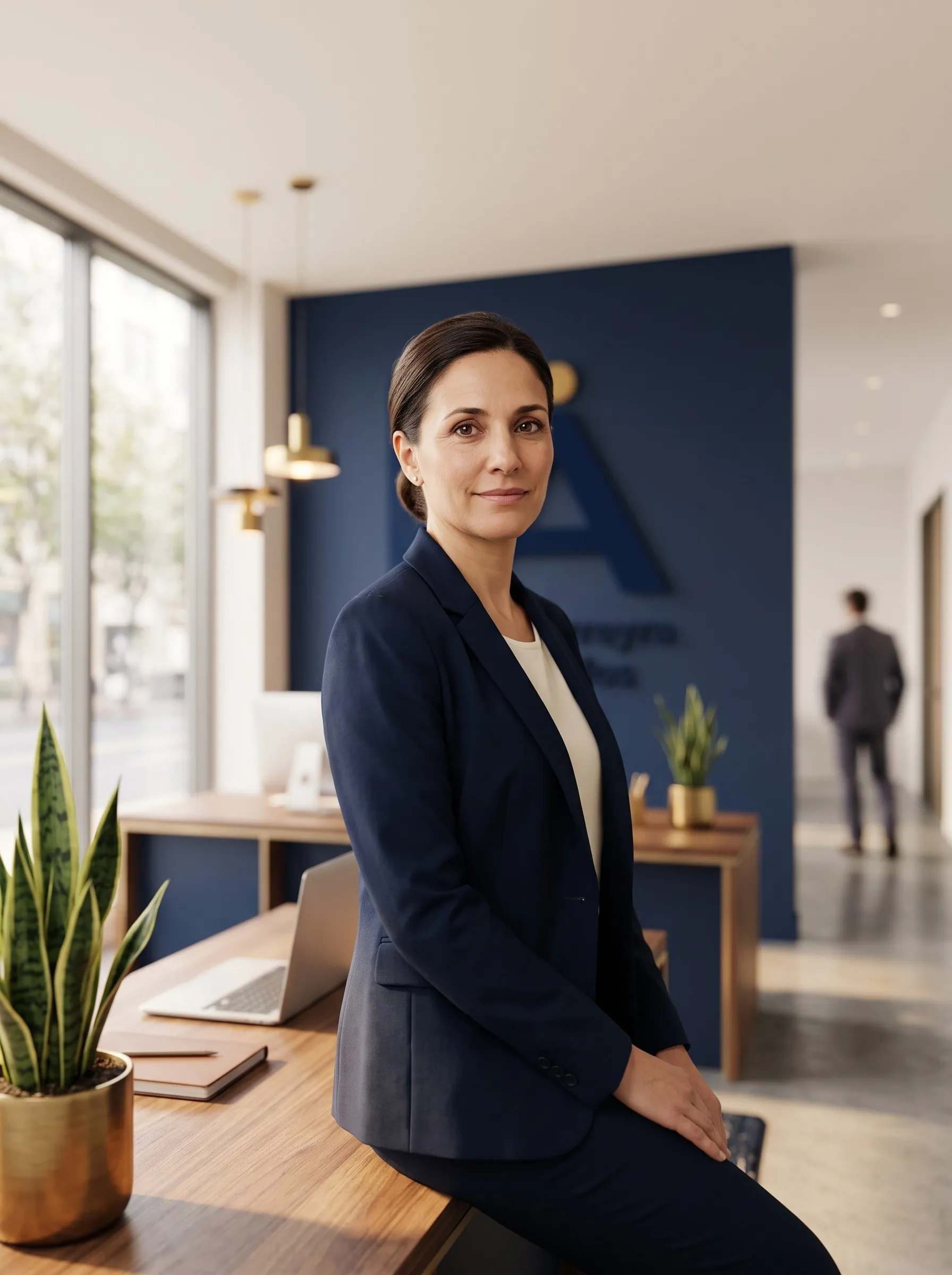 Marina Ferreyra sentada en el escritorio de la oficina del estudio